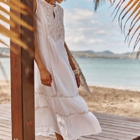 J. Jill cotton gauze white barley embroidered beaded Boho maxi tiered dress XL - Picture 2 of 12